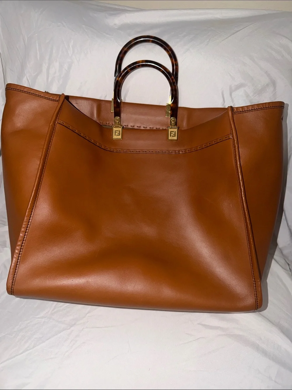 Fendi Cognac Leather ROMA Tote with Tortoiseshell Handles